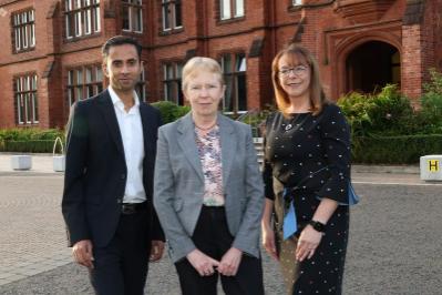 Professor M. N. Ravishankar, Dean and Head of School, Queen's Business School; Dame Kate Barker; Professor Nola Hewitt-Dundas, Pro-Vice Chancellor, Faculty of Arts, Humanities and Social Sciences